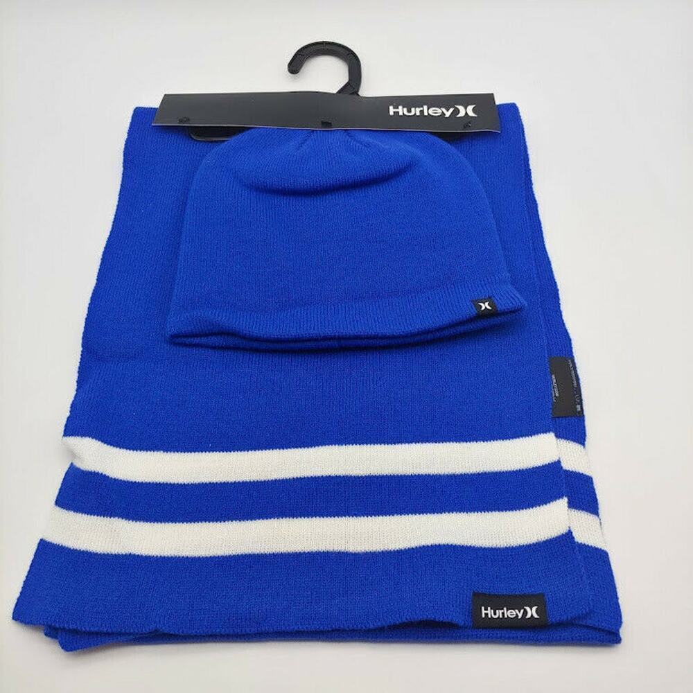 NEW Hurley Men's New Yorker Beanie & Scarf 2 Piece Set Blue White Stripe OS